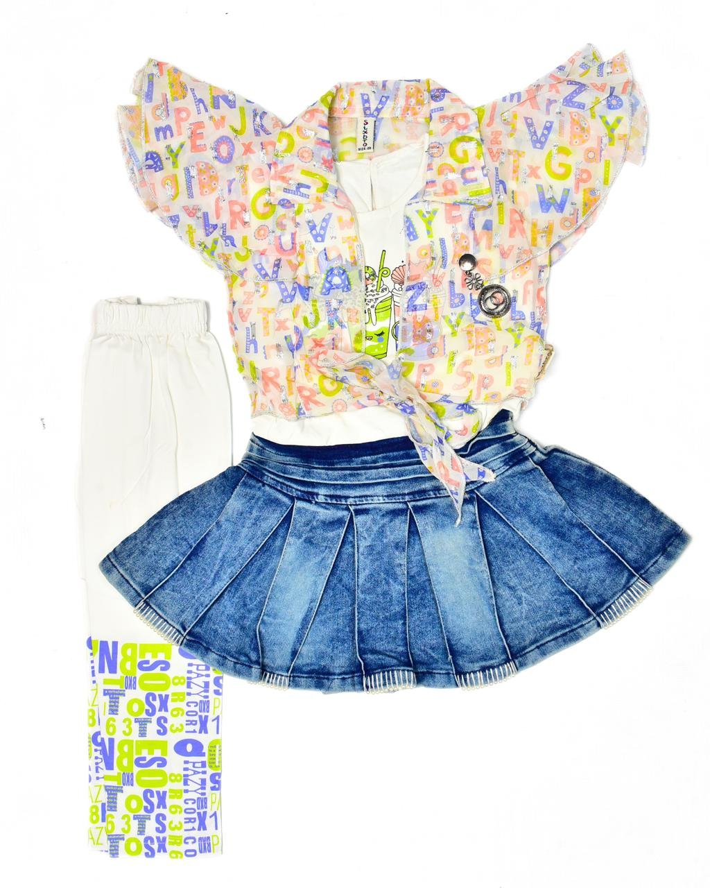 3pc Jacquard Chiffon Upper dress with Denim Skirt and Leggings (1-to-3 year) - Image 2