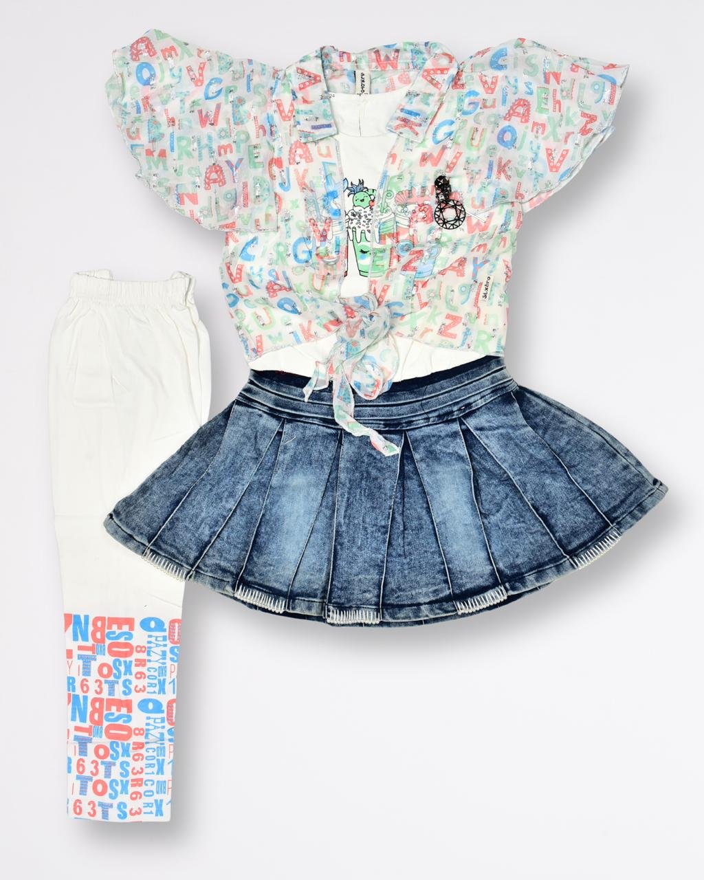 3pc Jacquard Chiffon Upper dress with Denim Skirt and Leggings (1-to-3 year)